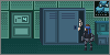 in a futuristic room, Solid Snake stands before a cabinet, inside of which another character cowers