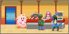two human characters, a Chansey, and a Lucario stand at a counter in a Pokemon Center
