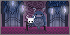 two characters from the game Hollow Knight sitting together on a bench in the rain