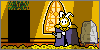 The large goat-like king Asgore, watering a carpet of yellow flowers in a brilliant golden room