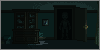 A dark, dank room with a long-unused dish cabinet on one side, and a dark doorway with a dark figure standing within it