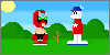 a tiny room painted to look like green grass and blue sky, featuring Homestar Runner and Strongbad from the Homestar Runner web series