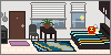 a room with a bed & plushies, a plant, a stove with pots on the wall, and windows through which the progression of day and night can be seen