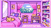 A tiny pink room with a bed, a curtained window revealing trees outside, and a bookcase full of books and odds and ends. There's an orange tabby cat laying on the bed.