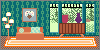A tiny teal and orange room with a couch, lamp, and a sideboard in front of a large window with trees outside.