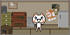 a tiny room with furniture, including a tv, and a happy, jumping cartoon cat