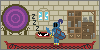 An armored Runescape player standing in their player-owned-house, on a red rug, casting the high alchemy spell. A swirling portal and bookcase stand behind them along the beige brick wall, while a black and white cat sleeps peacefully on a red cat bed.