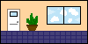 a simple little room with peach-colored walls, blue tile floors, and a large plant in the center