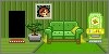 a green room with a couch and a plant