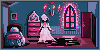 a tiny room in pinks, purples and blues, featuring a bed, fancy window, and flickerin candelabra, with a ghostly figure in a dress floating in the center