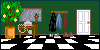 A tiny room with dark green walls and black & white checker flooring, featuring cold weather gear hung on hooks, a table (possibly with an old-fashioned telephone on it?) and a potted lemon tree. The window shows a rain storm outside.