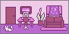 a pink and purple room with a computer, plant, a window showing the night sky, and a little white cat