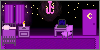 a tiny purple bedroom with twinkle lights on the wall, a chandelier, a computer desk holding a laptop, and a nightstand with a flickering candle next to the bed