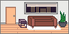 a tiny 'mod' style living room with a couch, large plant, and a night city skyline visible out the window