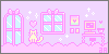 a very pink room with cloudlike floor, bows on the door and window frames, a desk with a computer and flower, and a little yellow kitty