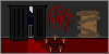 A tiny room with a boarded up door and a pentagram and candles on the floor