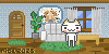 A quaint living room with light blue wallpaper, bright green rugs, a white couch, a large houseplant next to the couch, and a window with white curtains. In front of the couch stands Toro Inoue (a white anime cat mascot character), smiling and waving.