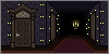 a hallway with dark wallpaper and a floating candlabra
