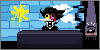 what appears to be a tiny tv set, featuring Spamton from the game Deltarune, behind a desk against a sky backdrop, with a ringing phone to the side