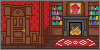 a cozy tiny room with red wallpaper, an intricately carved door, and a fireplace surrounded by bookshelves