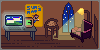 a tiny room with an armchair, large window, globe, and computer desk, and a poster on the wall featuring Super Mario Bros. III