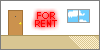 A tiny empty room with flashing 'for rent' sign