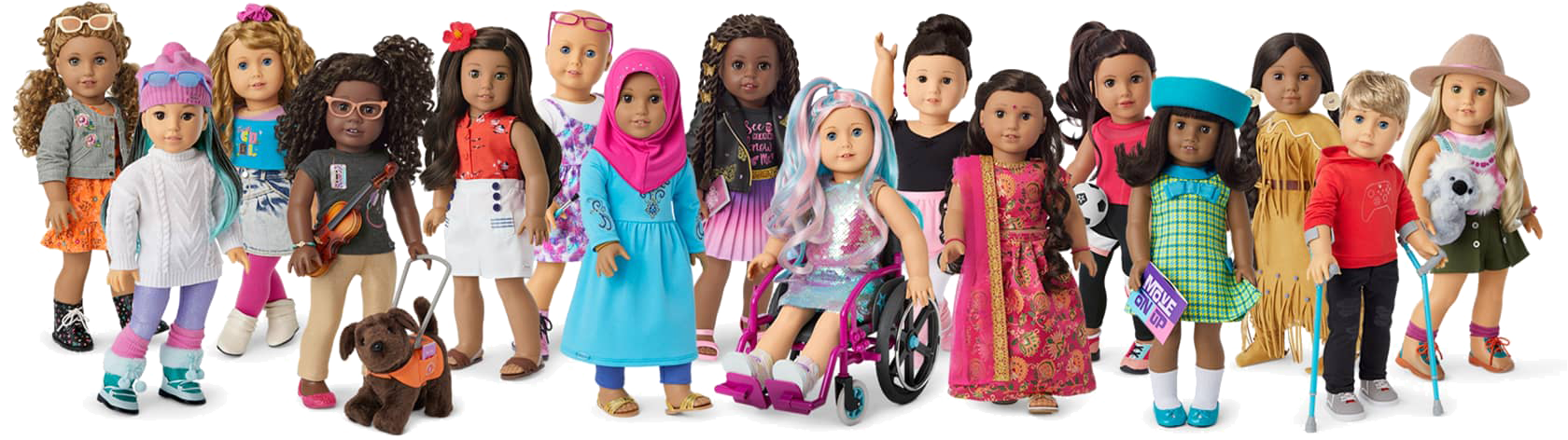 a large group of American Girl dolls in various face molds, races, hair styles, and fashions, posed for a group photo. One girl is in a wheelchair, while another is on crutches, and still another has a guide dog.