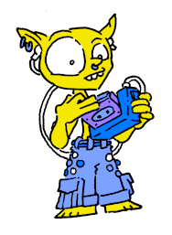 a funky goblin-looking character with a walkman