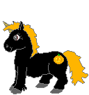 black unicorn with orange mane and tail, and a pumpkin mark on its rump