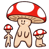 Mushroom creatures with red and white heads