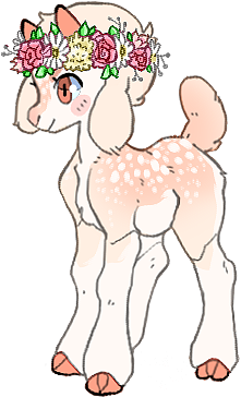 a white and peach-colored goat with spots and a flower crown