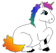 a white unicorn with rainbow mane and tail