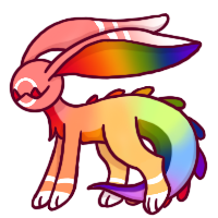 a sort of eyeless rabbit-dragon creature, with a toothy mouth, in rainbow colors